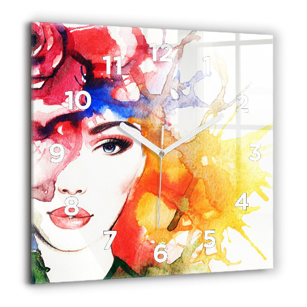 Square glass wall clock Colorful portrait of a woman