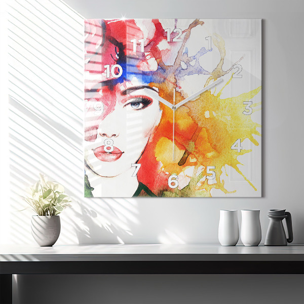 Square glass wall clock Colorful portrait of a woman