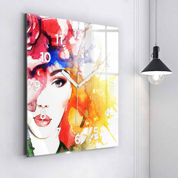 Square glass wall clock Colorful portrait of a woman