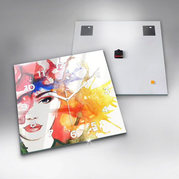 Square glass wall clock Colorful portrait of a woman