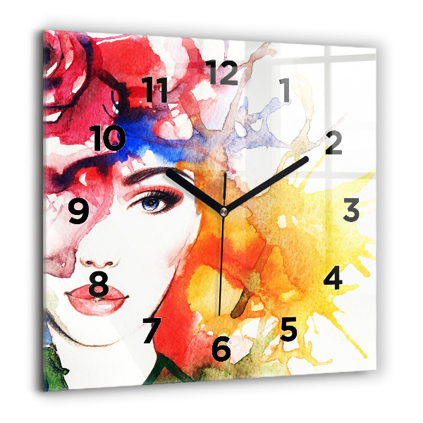 Square glass wall clock Colorful portrait of a woman
