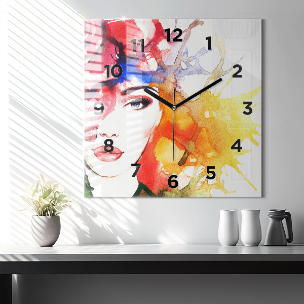 Square glass wall clock Colorful portrait of a woman