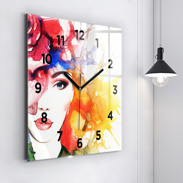Square glass wall clock Colorful portrait of a woman