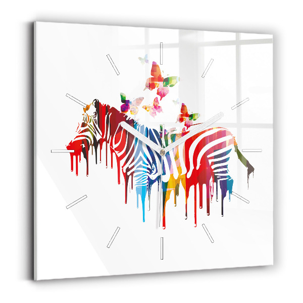 Square glass wall clock Colorful zebra