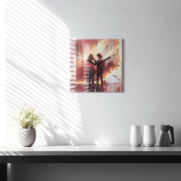 Square glass wall clock Young couple in love