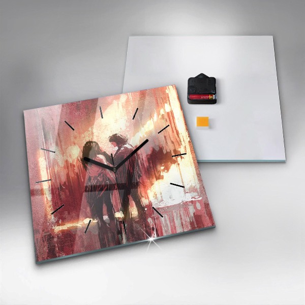 Square glass wall clock Young couple in love