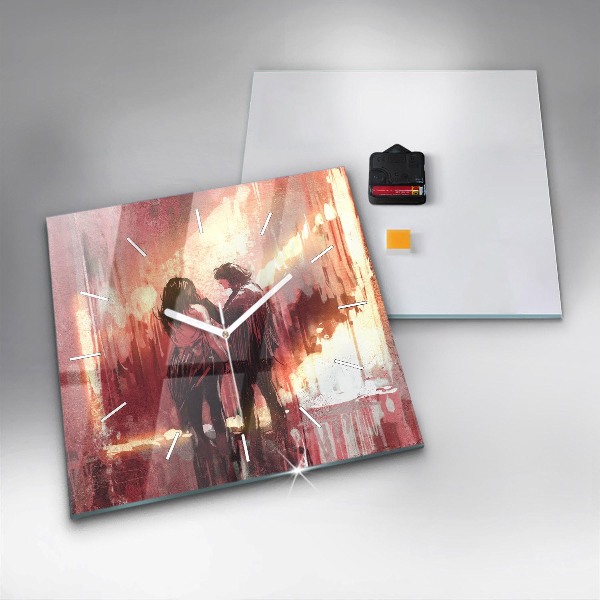 Square glass wall clock Young couple in love