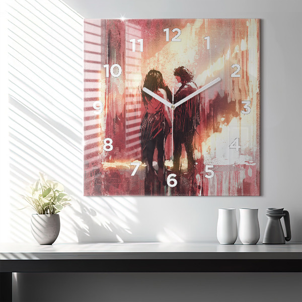 Square glass wall clock Young couple in love