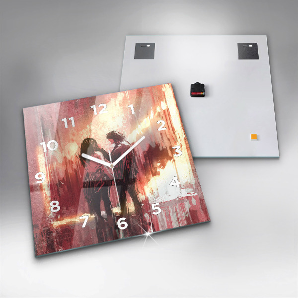 Square glass wall clock Young couple in love