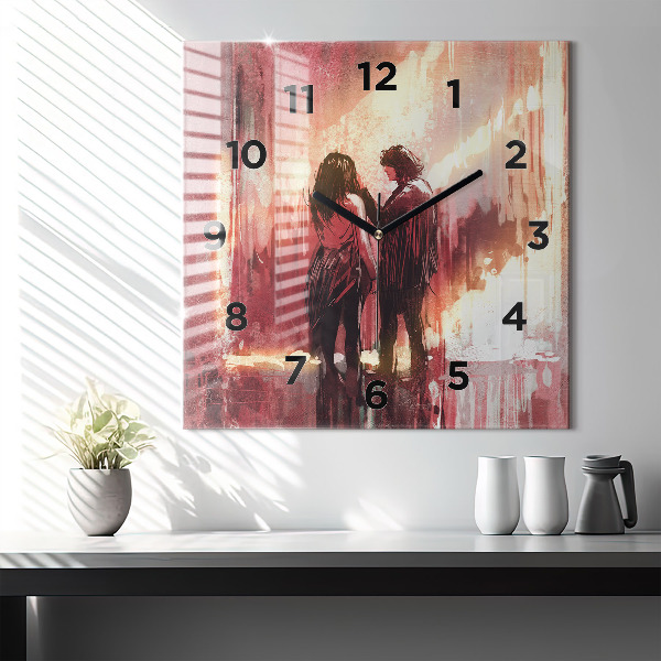 Square glass wall clock Young couple in love
