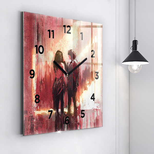 Square glass wall clock Young couple in love