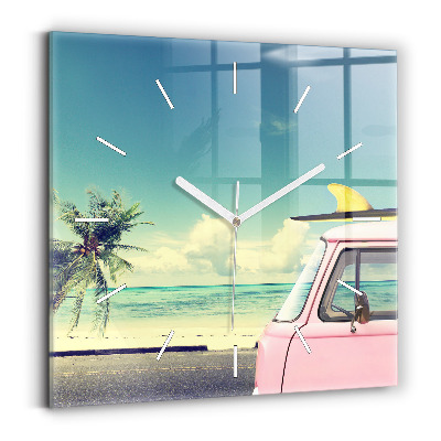Square glass wall clock Car with surfboard