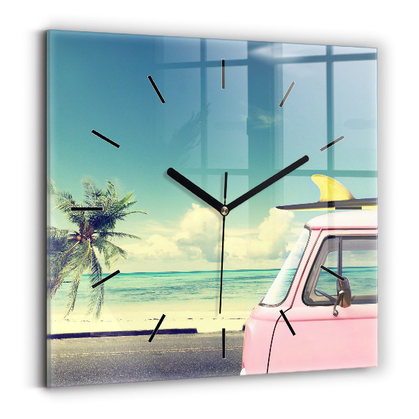Square glass wall clock Car with surfboard