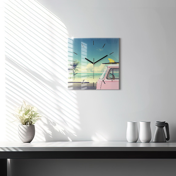 Square glass wall clock Car with surfboard
