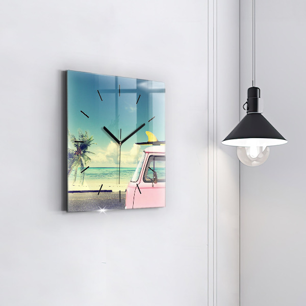 Square glass wall clock Car with surfboard