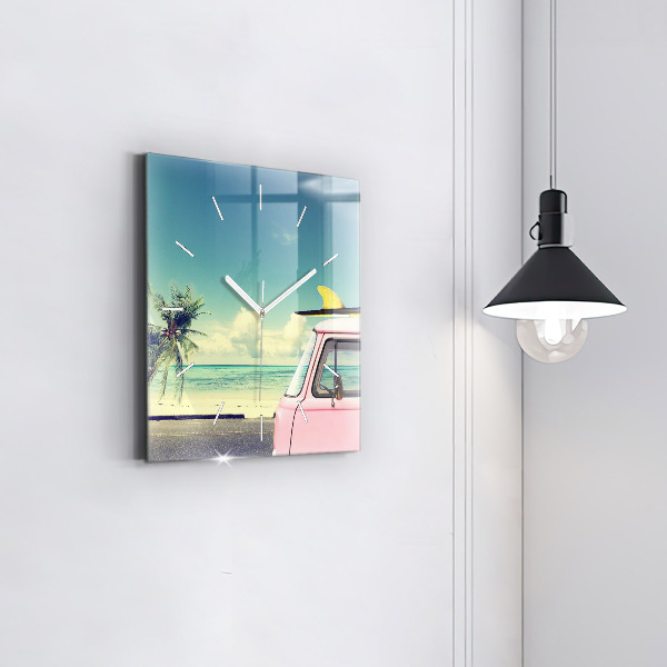 Square glass wall clock Car with surfboard