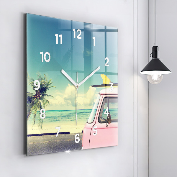 Square glass wall clock Car with surfboard