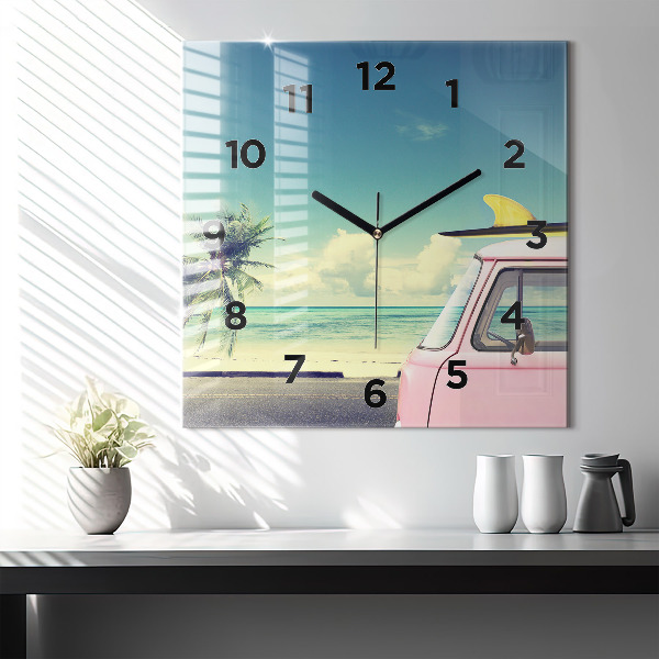 Square glass wall clock Car with surfboard