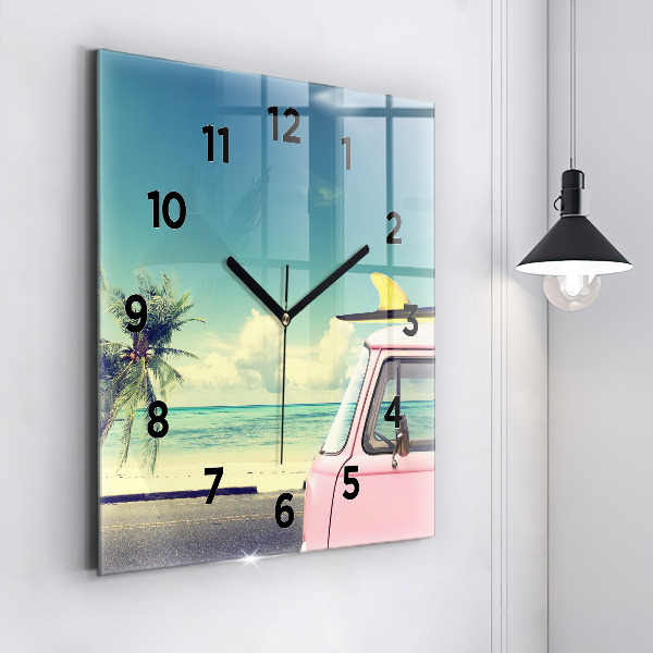 Square glass wall clock Car with surfboard