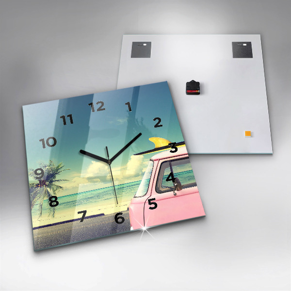 Square glass wall clock Car with surfboard