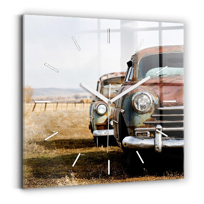Square glass wall clock Old cars