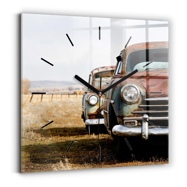 Square glass wall clock Old cars