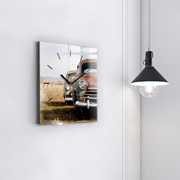 Square glass wall clock Old cars