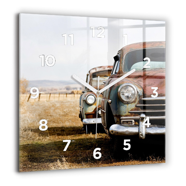 Square glass wall clock Old cars