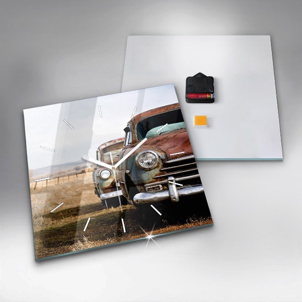Square glass wall clock Old cars