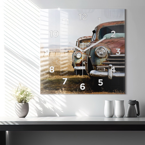 Square glass wall clock Old cars