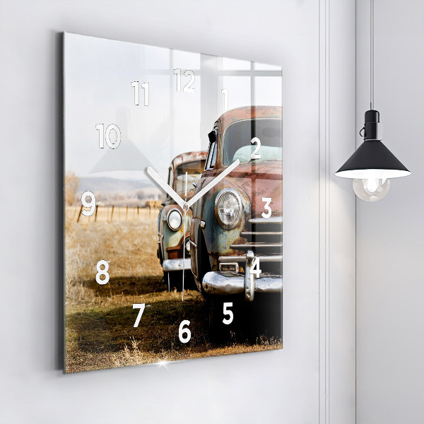 Square glass wall clock Old cars