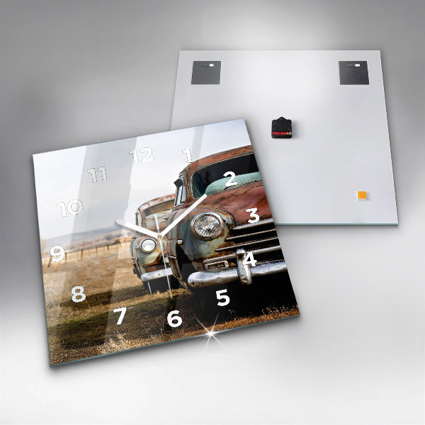 Square glass wall clock Old cars