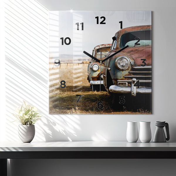 Square glass wall clock Old cars