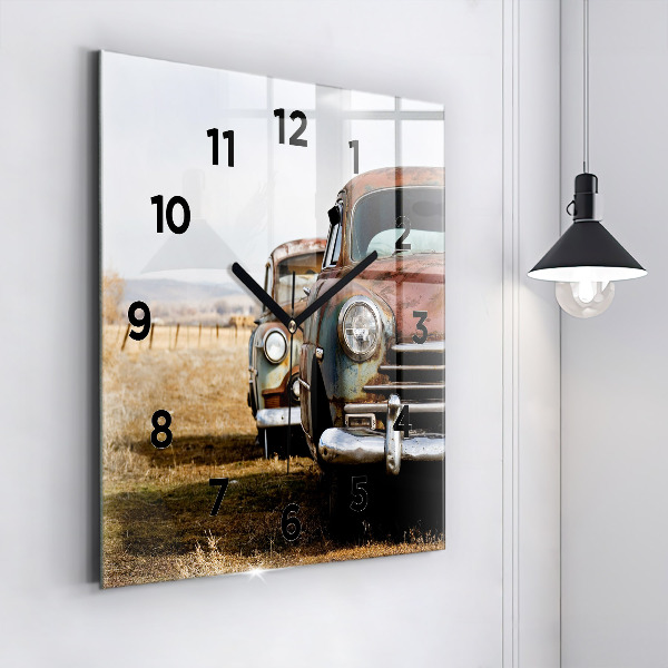 Square glass wall clock Old cars