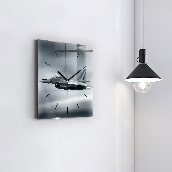 Square glass wall clock Military aircraft in flight