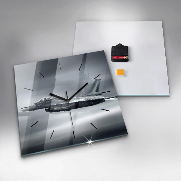 Square glass wall clock Military aircraft in flight