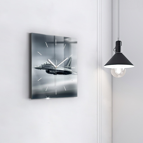 Square glass wall clock Military aircraft in flight
