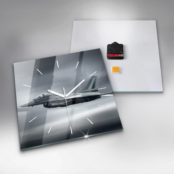 Square glass wall clock Military aircraft in flight