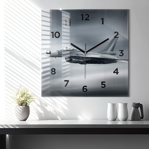 Square glass wall clock Military aircraft in flight