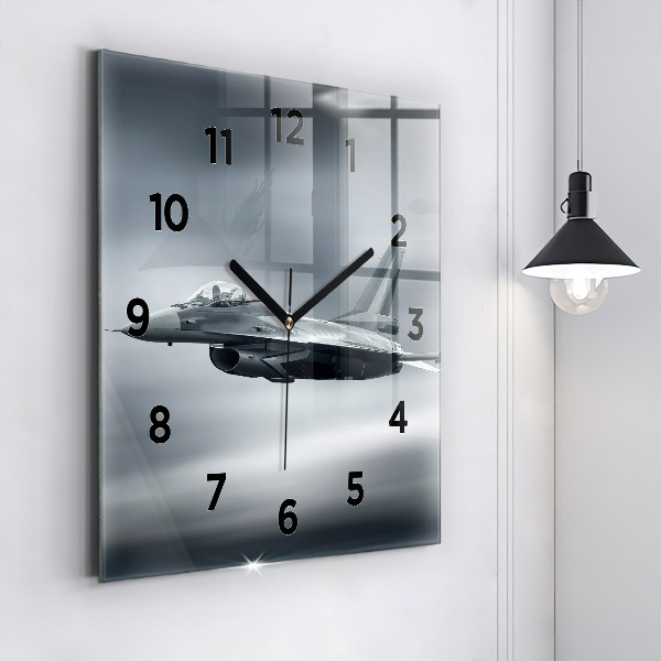 Square glass wall clock Military aircraft in flight