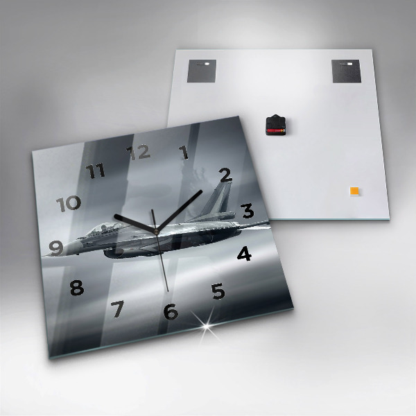 Square glass wall clock Military aircraft in flight