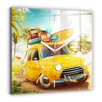 Square glass wall clock Car with surfboard