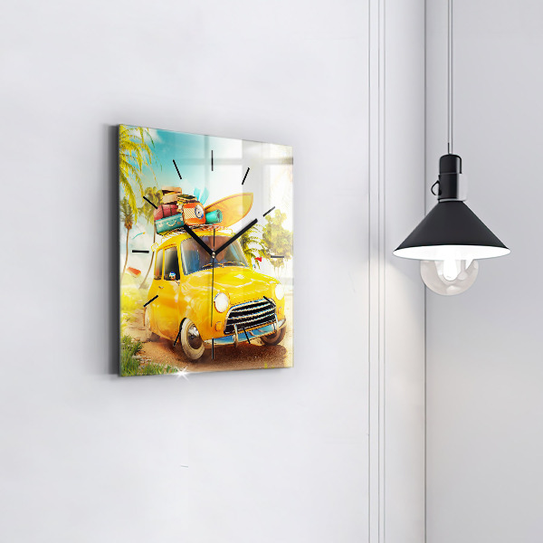 Square glass wall clock Car with surfboard