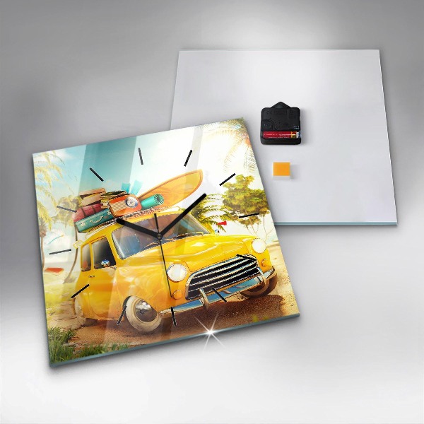 Square glass wall clock Car with surfboard