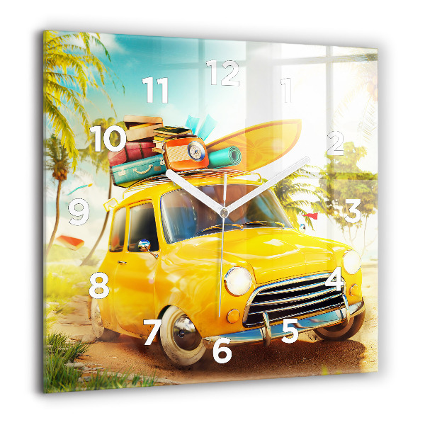 Square glass wall clock Car with surfboard