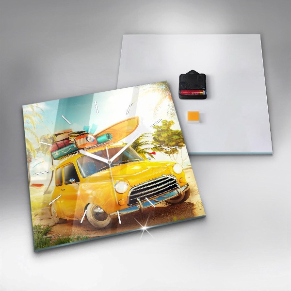 Square glass wall clock Car with surfboard