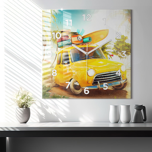 Square glass wall clock Car with surfboard