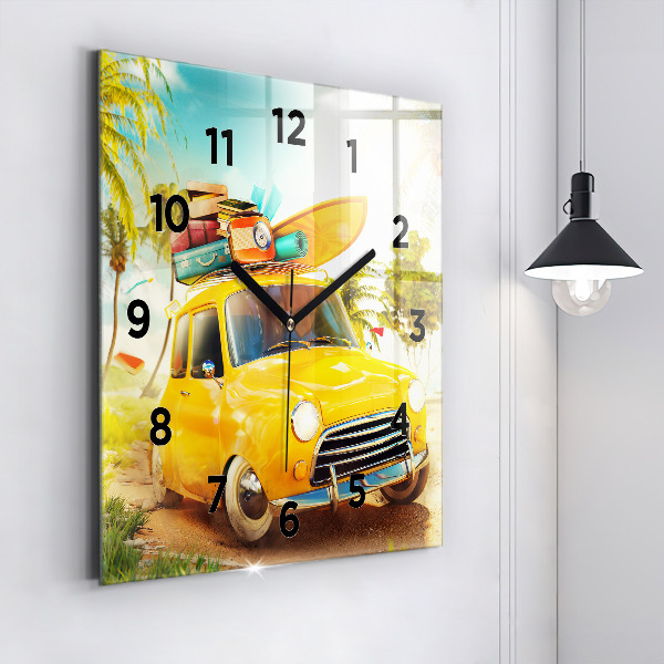Square glass wall clock Car with surfboard