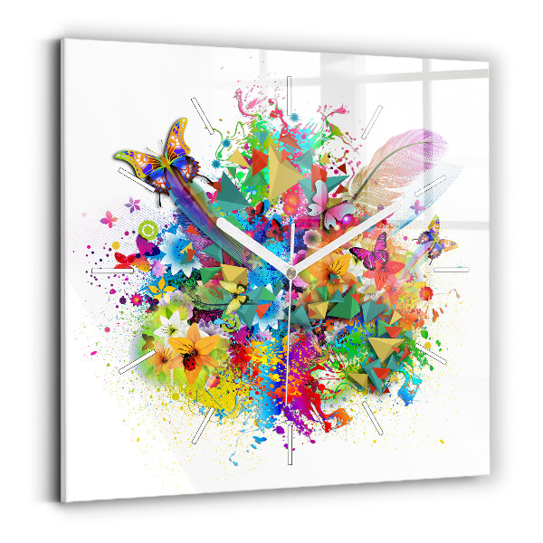 Square glass wall clock Floral harmony with butterflies