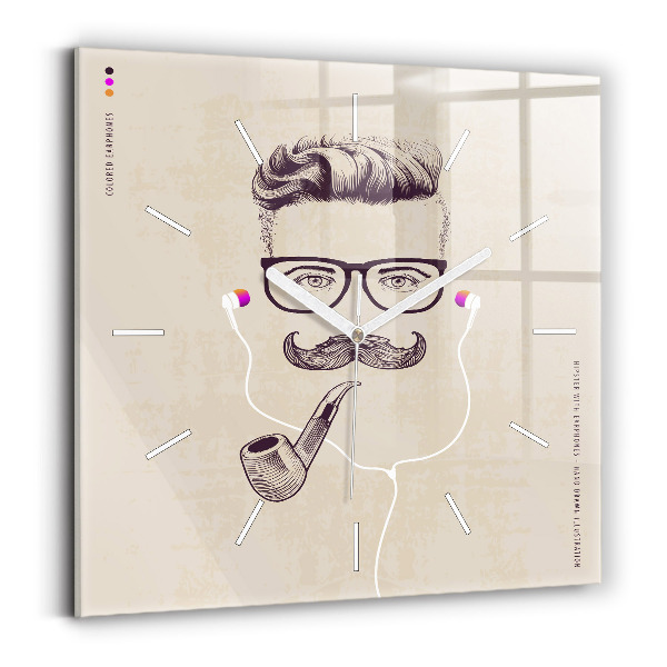 Square glass wall clock Man with a pipe